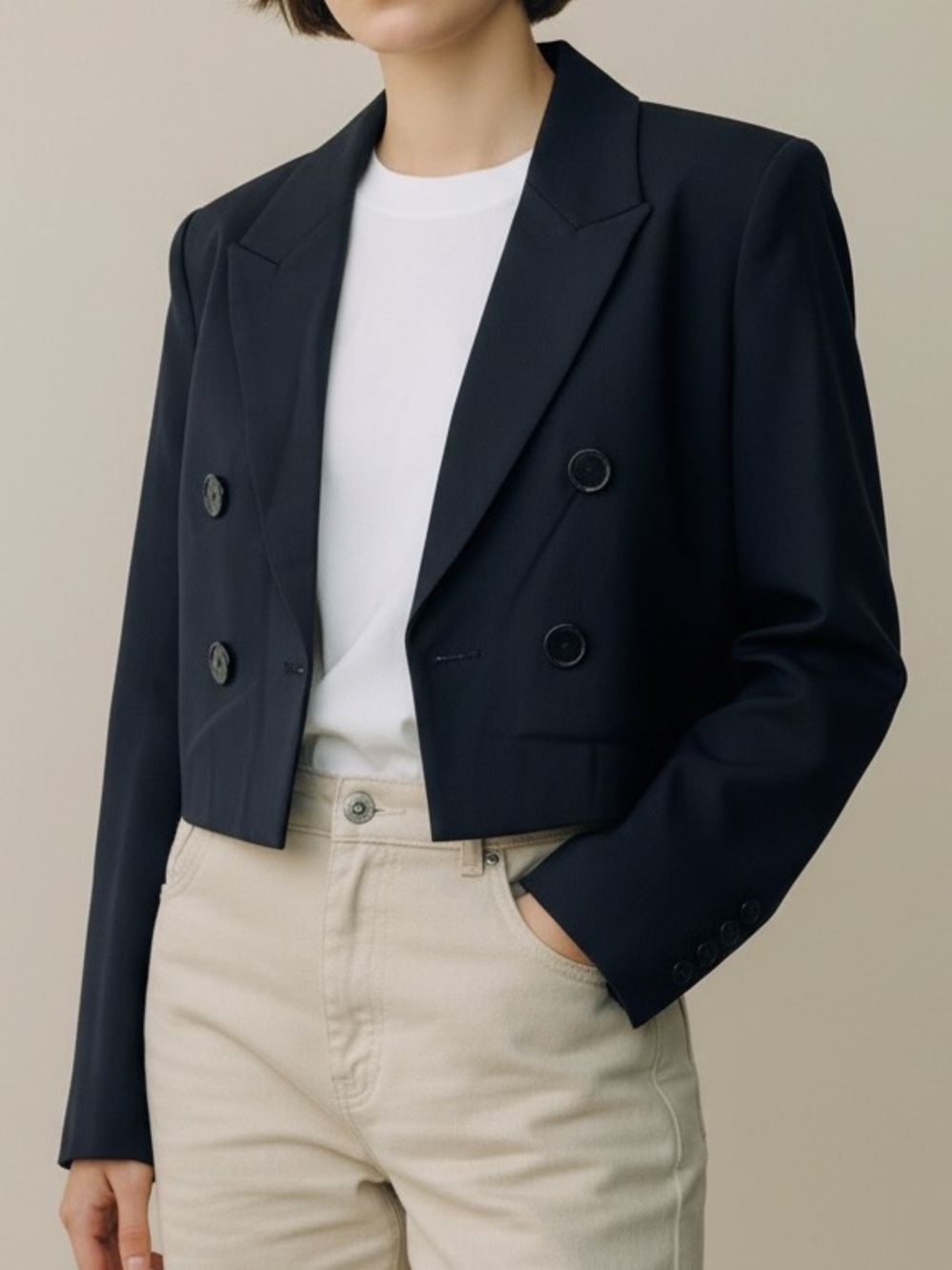 English Factory Sz XS Blazer Cropped Double Breasted Navy Blue Classic Preppy